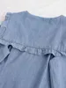 Rétro bleu Denim robe à manches longues Vintage femme volants col claudine ruché simple boutonnage bouton chemise robes courtes 210429