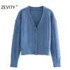 Zevity mujeres vintage cuello pico textura patrón casual tejer suéter chic femme manga larga breasted cardigan retro tops S405 210603