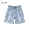 Wixra été bleu Demin Shorts bouton poches taille haute décontracté Streetwear femmes 210611