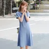 Minimalist Blue Dress Women's Summer Round Neck Waist Short Sleeve Knee-lenghth Dresses Female Tide 5E307 210427