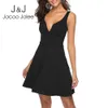 Jocoo Jolee Women Vintage Solid Dress Summer Sleeveless V Neck A-Line Dress Female Mini Swing Dress Elegant Slim Party Dresses 210518