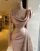 Lange Abendkleider 2021 Sexy schiere Spitze im indischen Stil Langarm High Neck Dusty Pink Dubai Frauen formelle Abschlussball-Party-Kleider