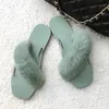 Fluffy Flip Flops Real Rabbit Fur Slippers Furry Fur Slides Cross Strap Transparent Flat Sandals Square Toe Fashion Shoes Women Y0406