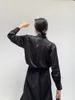 Винтаж черный блеск сатин топ с длинным рукавом рубашка женская блузка вышитые фонарики дамы осень 210427