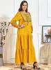 Siskakia Indie Folk Embroidery Maxi Dress For Women Fall 2021 Yellow Dot Pompom Loose Casual Arabic Dubai Turkey Muslim Clothes Dresses