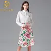 Runway Summer Holiday Sets Suits Women's Long Sleeve White Blouse Shirt + Fancy Floral Printed Skirt Suit Two Pieces 210506