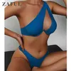 Jedno ramię bikini zestaw O-ring wycinanka wysokiej cięcia brazylijski biquini stroje kąpielowe kobiety wyściełane solidne sexy femme beachwear strój kąpielowy 210625