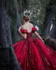 2021 Sparkly Dark Red Bourgondië Quinceanera Baljurk Jurken Off Shoulder Slobined Lace Appliqus Pailletten Sweet 16 Sweep Train Plus Size Party Prom Evening Jassen