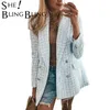 SheBlingBling Za Light Blue Women Chic Double Breasted Blazers Coat Female Outerwear Office Lady Jacket Plaid Suit Workwear 211019