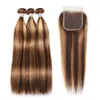 Ishow Highlight 4/27 Ludzkie Włosiane Wiązki Wefts Z Zamknięciem Prosta Dziewicza Rozszerzenia 3/4 Sztuk Kolorowe Ombre Brown Dla Kobiet 8-28inch Brazylijski Peruwiański