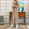 Vintage Floral Print Boho Long Chiffon Dress Sleeve V-neck High Waist Korean Style Elegant Casual Beach Robe Ete Femme 210514