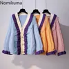 Nomikuma Sweet Korean Sweater Cardigan Autumn Winter New Women Knitwear Hit Color Ruffle Lace Patchwork Pull Femme 6C071 210427
