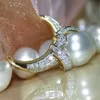 Huitan New Design Big Imitation Pearl Ring for Women Elegant Anniversary Party Ring High Quality Statement Jewelry Drop Shipping X0715
