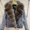 FURSARCAR High Quality Real Fur Coats Winter Women Fashion Warm Collar Jean Splice Jacket Female Overcoat 211130