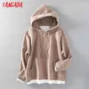 women woolen hoodie sweatshirts inside Lalambswool warm pocket winter oversize female patchwork hooded tops 7M1 210416