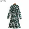 Kobiety Vintage Totem Floral Print Sahses Zielony Midi Femme Długi Rękaw Dorywczo Biznes Vestido Sukienka DS4807 210416