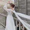 Yosimi белый шифон длинные женские платье лето V-образным вырезом и вспышки спинки длиной до пола рукава красные пляжные платья 210604