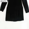 Zevity Women Stand Collar Diamond Knappar Dekoration Casual Slim Black Velvet Klänning Kvinna Chic Party A Line Vestido DS5051 210603