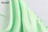 Camicia con camicetta senza schienale in raso verde Elegante top corto con volant Top corto solido sexy Estate femminile 210427