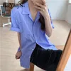 Striped Shirts Female Blue Oversized Style Leisure High Street Pockets Spring Summer Short Sleeve Blouses Girls Blusas 210506