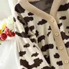 Autumn Winter Korean Style V-neck Leopard Print Cardigan Coat Casual Loose Knitted Sweater 210423