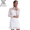 Mulheres vestido de gola de gola de gola hem branco laço es oco out manga longa sexy plus size bohemian es 210513