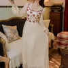 Spring Autumn Casual Women Dress Slim Patchwork Hand Painted Long Sleeve Square Collar Mid-Calf Fit And Flare Ladies Y618 Dresses