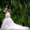 2022 Tallas grandes Árabe Aso Ebi Lujoso Sirena Vestido de novia brillante Escote en V profundo Niveles Tul Vestidos de novia Vestidos CG001
