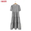 Tangada Summer Women Plaid Print Long Dress Puff Short Sleeve Ladies High Street Dress Vestidos 7Y20 210609
