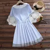 Mori Girl Summer Women Dress Peter Pan Collar Kortärmad Mesh Patchwork Vestidos Femme Broderi Blå Rosa Randig 210520