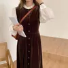 Vintage Elegant Velvet Women Long Dress Patchwork Full Sleeve Stand Collar Single-breasted Dresses Party Ladies Vestidos 210513