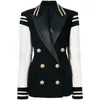 HAUTE QUALITÉ Date Designer Blazer Femmes En Cuir Patchwork Double Boutonnage Blazer Classique Varsity Veste 210330