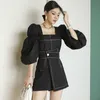 Two Pieces Set Women Spring Lantern Sleeve Blouses Top And High Waist Shorts Korean Chic Casual Office Lady Work 210529