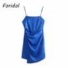 Ruched Blue Satin Party Dress Kvinnor Sommar Sexig Backless Club Mini Sundress Beach Silk Kort Ärmlös 210427