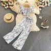 Summer Beach Style 2 Sztuk Zestaw Kobiety Kwiatowy Print Crop Top Bluzka + Szerokie spodnie do nóg Koreański Spodnie Moda Stroje 210519