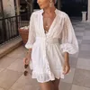 Summer Sundress Women Party Long Sleeve Belted White Lace Embroidery Tunic Beach Dress 210415