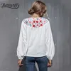 White Cotton Linen Embroidery Top Blouse Women Autumn Lace up Round Neck Long Sleeve Casual Tops And Blouses 210510