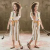 夏服の女の子の縞模様のベストワイドレッグパンツ2本の子供たちの弓シフォンスーツのための韓国人6 8 10 12 14 210528