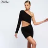 Nibber Y2K sommar solid färg sluttande axel mini klänning asymmetrisk ihålig sexig stil för heta kvinnor fest natt clubwear 2021 y0726
