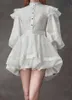 [DEAT] col montant à manches longues à volants broderie chemise blanche taille haute châle robe élégante deux pièces ensemble femmes été 210527