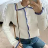 Korobov höst outwear tunna kvinnor cardigans koreanska nya chic nedbrytning krage slå färg patchwork sweaters kort tröja 210430