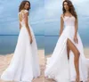 2022 Bohemian A Line Wedding Dresses Beach Chiffon Sheer Neck Lace Appliques Illusion Cap Sleeves Hollow Back High Split Formal Bridal Gowns