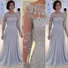 2021 Vintage Himmelblaue Kleider für die Brautmutter, schulterfrei, Stickerei, Spitzenapplikationen, lange Ärmel, Partykleid in Übergröße, Hochzeitsgastkleider