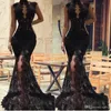 2022 Sexiga Svart Ärmlös Mermaid Prom Klänningar Split High Neck Aftonklänningar Se genom Full Lace Celebrity Party Dress