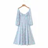 Robe longue à imprimé floral à l'épaule pour femmes Vintage Blue Beach Holiday Hoho Maxi Slit Robe Fleur Robe Française 210415