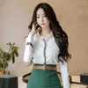 Sonbahar Moda Kore Tarzı Beyaz Uzun Kollu Gömlek + Yeşil Ön Slit Kalem Etek Kadın İki Adet Takım Elbise 210603