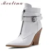 Botas de tornozelo Mulheres Sapatos Buckle Super High Heel Salto Senhora Pontilhada Toe The Grosso Saltos Cabelos Curto Inverno Branco Tamanho 210517