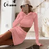 CNYISHE Långärmad Hooded Sexig Crop Top Kjol Två Piece Set Kvinnor Kvinnor Streetwear Sweatshirt TRACKSUIT Women sätter kostymer 210419