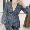 TRAF Women Chic Fashion Floral Print Pleated Mini Dress Vintage V Neck Long Sleeve Female Dresses Vestidos Mujer 210415