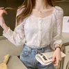 Frühling Häkelspitze Frauen Tops Korean Square Kragen Stickerei Blumenbluse Allgleiches Langarmshirt weiblich 13980 210521